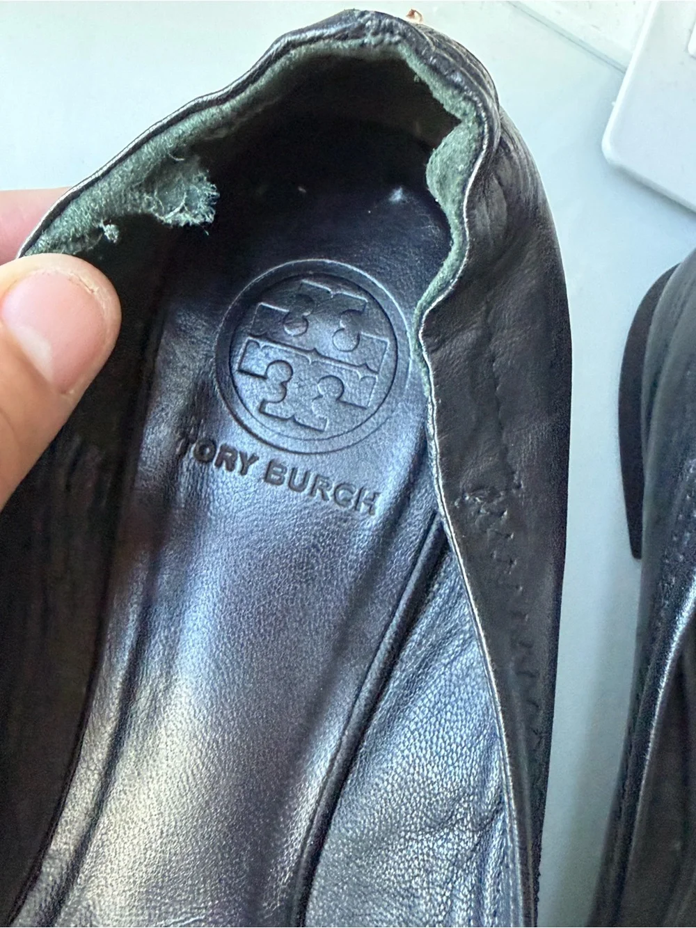 Tory Burch Black Leather Ballet Flats with Gold Logo Medallion